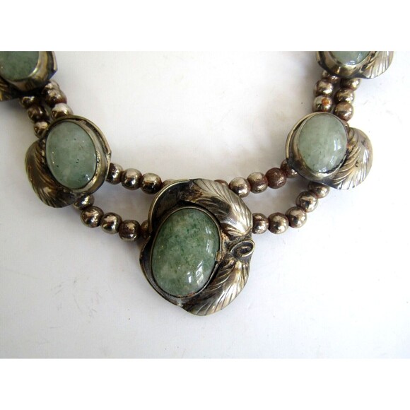 Vintage 925 Mexican Sterling Silver Green Onyx Statement Necklace 23” 113g - Picture 3 of 8